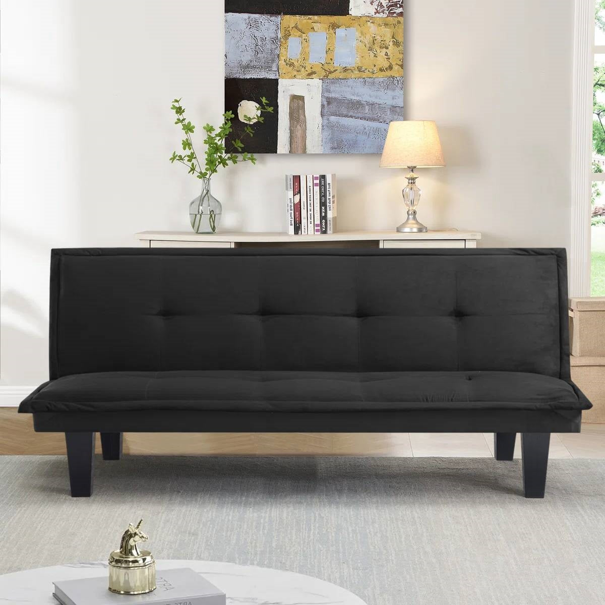 Black Faux Suede Upholstered Futon Sleeper Sofa Bed