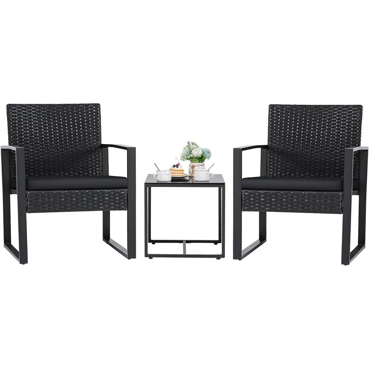 Outdoor 3-Piece Patio Furniture Set with 2 Black Patio Chairs and 1 Side Table *