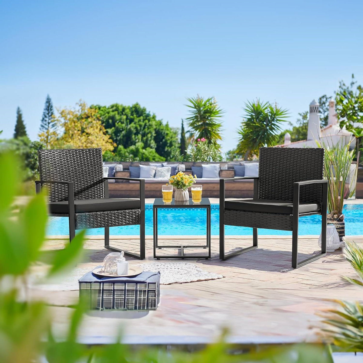 Outdoor 3-Piece Patio Furniture Set with 2 Black Patio Chairs and 1 Side Table *