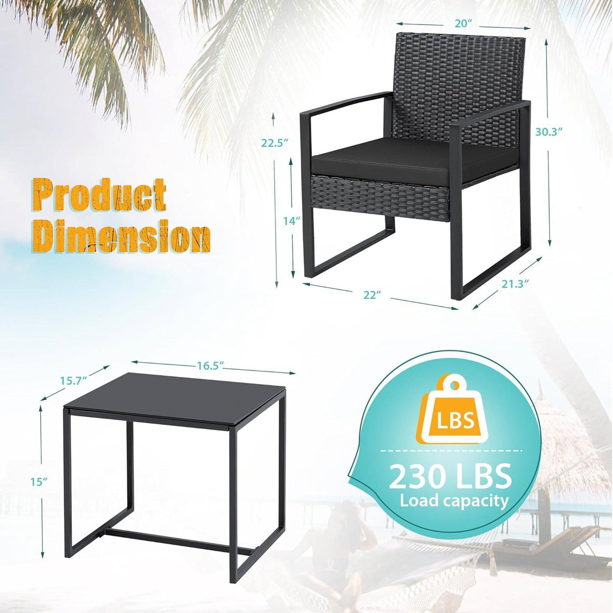 Outdoor 3-Piece Patio Furniture Set with 2 Black Patio Chairs and 1 Side Table *