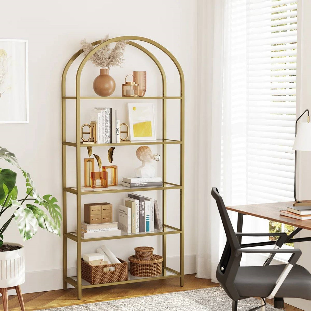 Modern Metal Arched Top Display Rack Bookcase with 5 Glass Storage Shelves