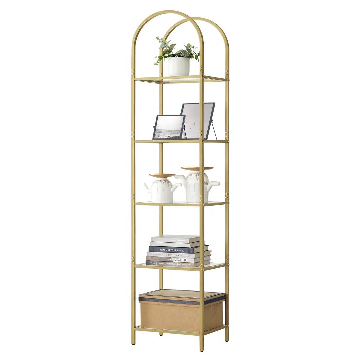 Arched Top Metal Display Rack Narrow Bookcase with 5 Glass Storage Shelves
