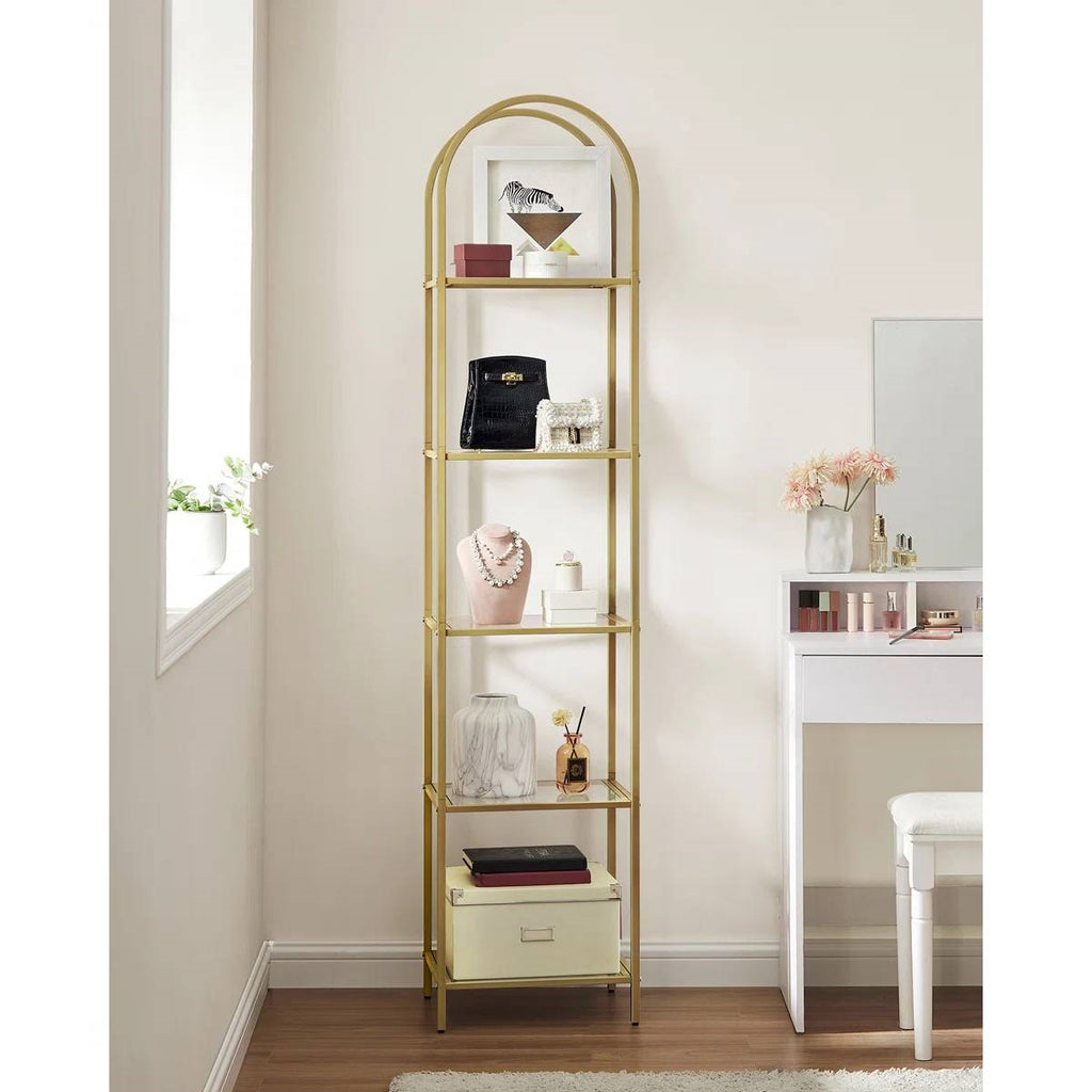 Arched Top Metal Display Rack Narrow Bookcase with 5 Glass Storage Shelves