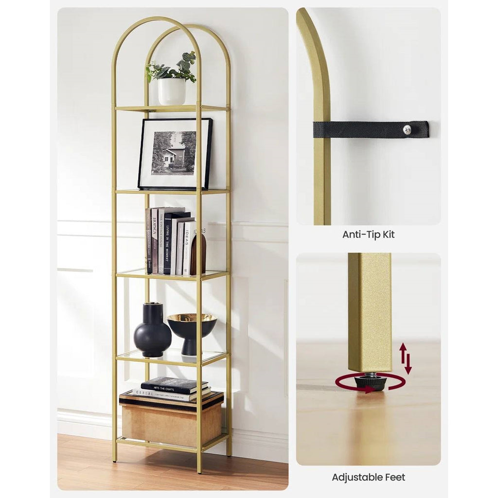 Arched Top Metal Display Rack Narrow Bookcase with 5 Glass Storage Shelves