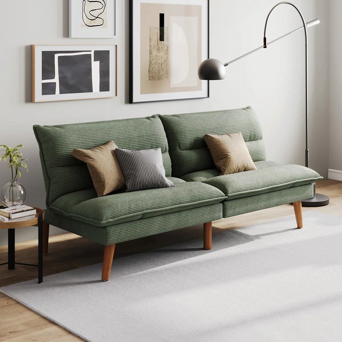 Modern Green Corduroy Fabric Futon Sleeper Sofa Bed Couch with Wood Legs