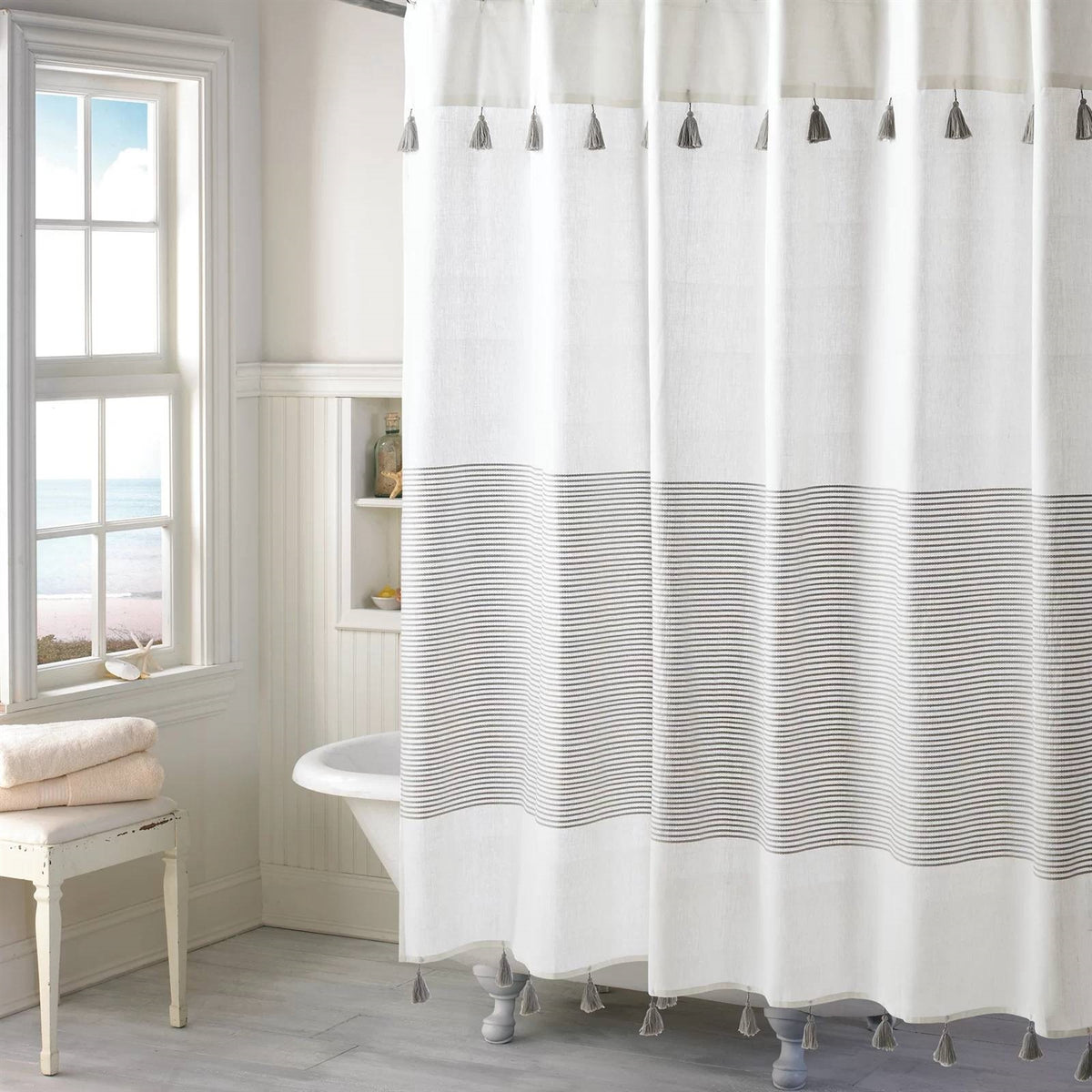 72-inch Stripes Cotton Shower Curtain with Tassels