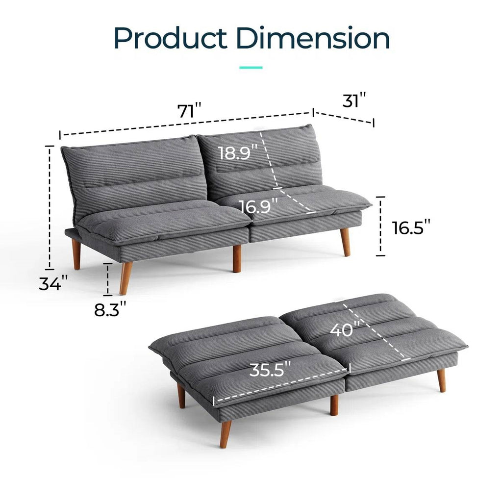 Modern Grey Corduroy Fabric Futon Sleeper Sofa Bed Couch with Wood Legs