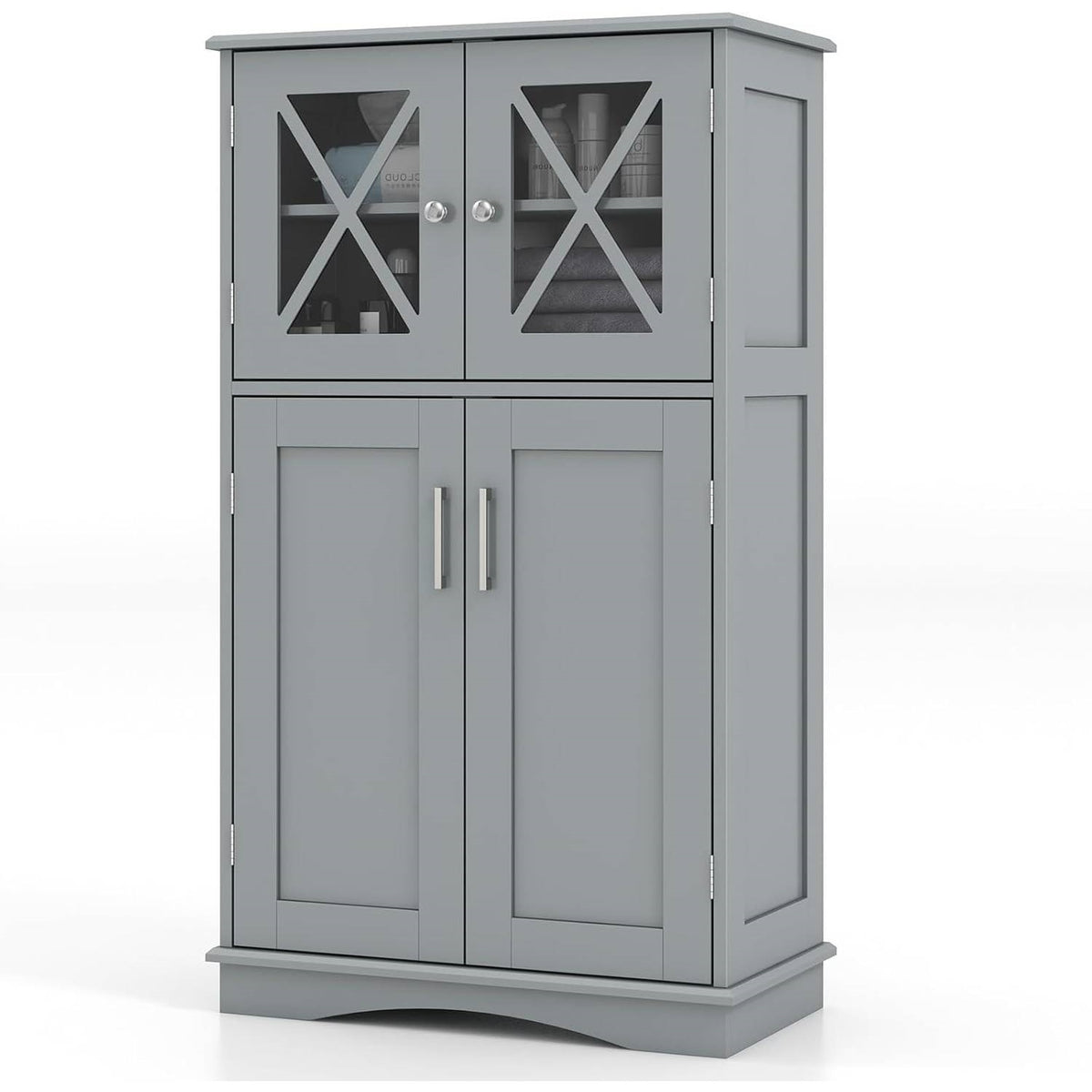 Bathroom Towel Linen Cabinet with Glass Doors and Storage Shelves