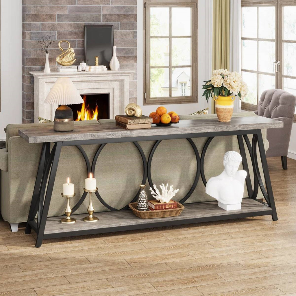 Industrial 70-inch Wood Top Sofa Table with Heavy Duty Metal Frame