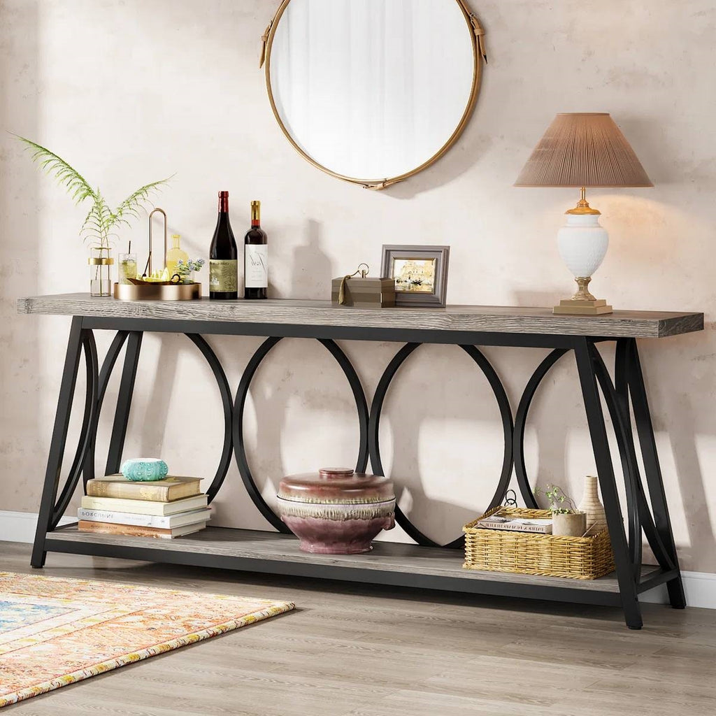 Industrial 70-inch Wood Top Sofa Table with Heavy Duty Metal Frame