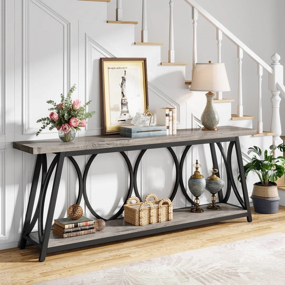 Industrial 70-inch Wood Top Sofa Table with Heavy Duty Metal Frame