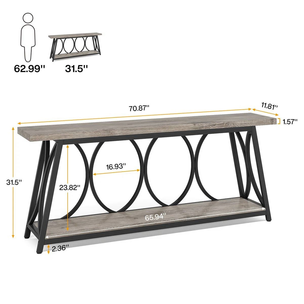 Industrial 70-inch Wood Top Sofa Table with Heavy Duty Metal Frame