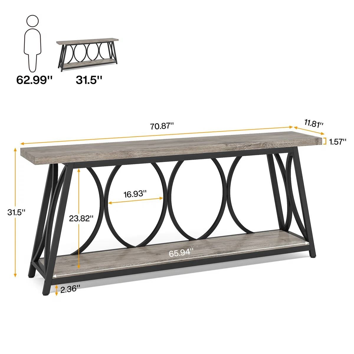 Industrial 70-inch Wood Top Sofa Table with Heavy Duty Metal Frame