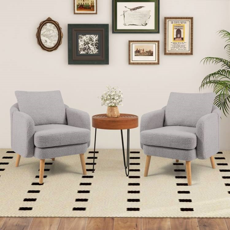 Modern Grey Sherpa Fabric Upholstered Accent Chair with Wooden Legs