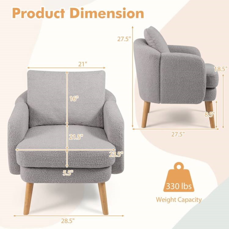 Modern Grey Sherpa Fabric Upholstered Accent Chair with Wooden Legs