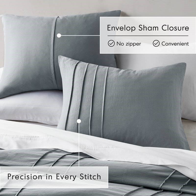 Pleated Pre-Washed Microfiber Comforter Set in Blue Grey