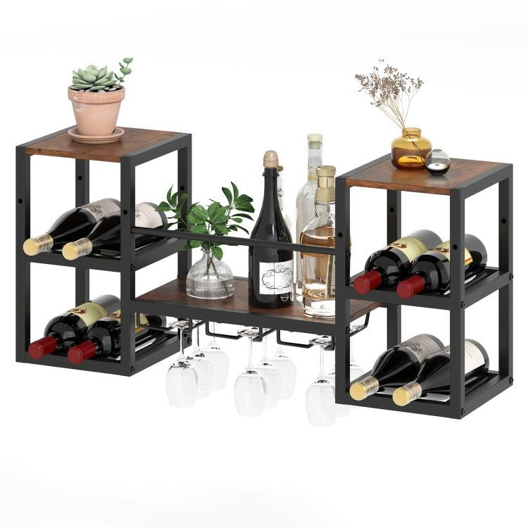 Industrial Wood Metal Wall Mounted Wine Rack Shelf with Glass Holders