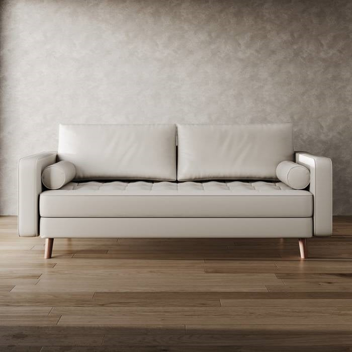 Ivory Upholstered Faux Leather Sofa w/ Pillows Solid Hardwood Legs