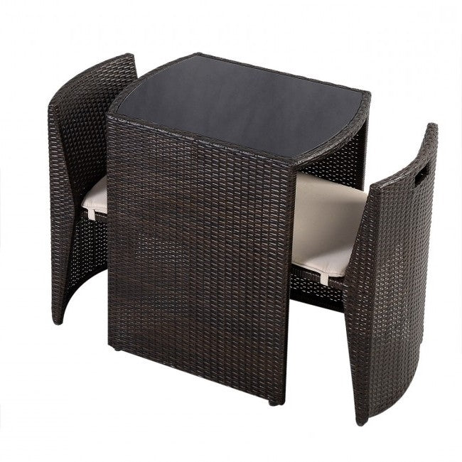 3 Piece Compact Espresso/White Wicker Patio Cushioned Outdoor Chair Table Set *