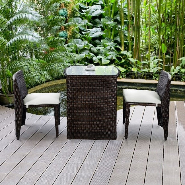 3 Piece Compact Espresso/White Wicker Patio Cushioned Outdoor Chair Table Set *