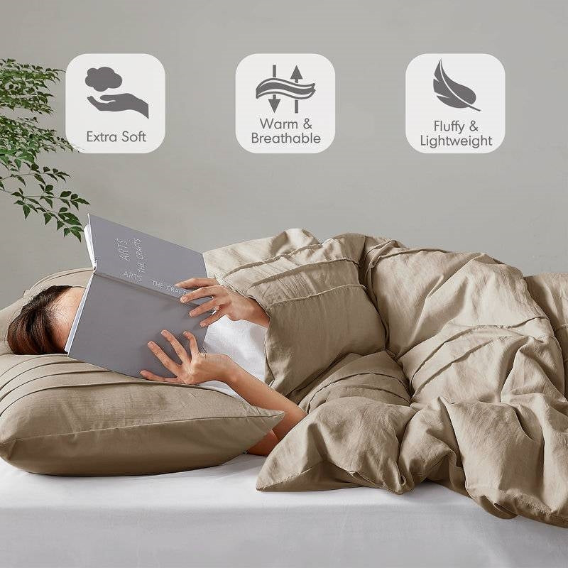 Microfiber Pleated Soft Lightweight Comforter Set in Tan or Green