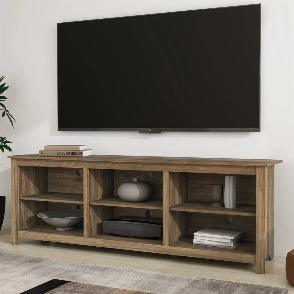 Farmhouse Style TV Stand with 6 Storage Compartments in Brown Oak Wood Finish