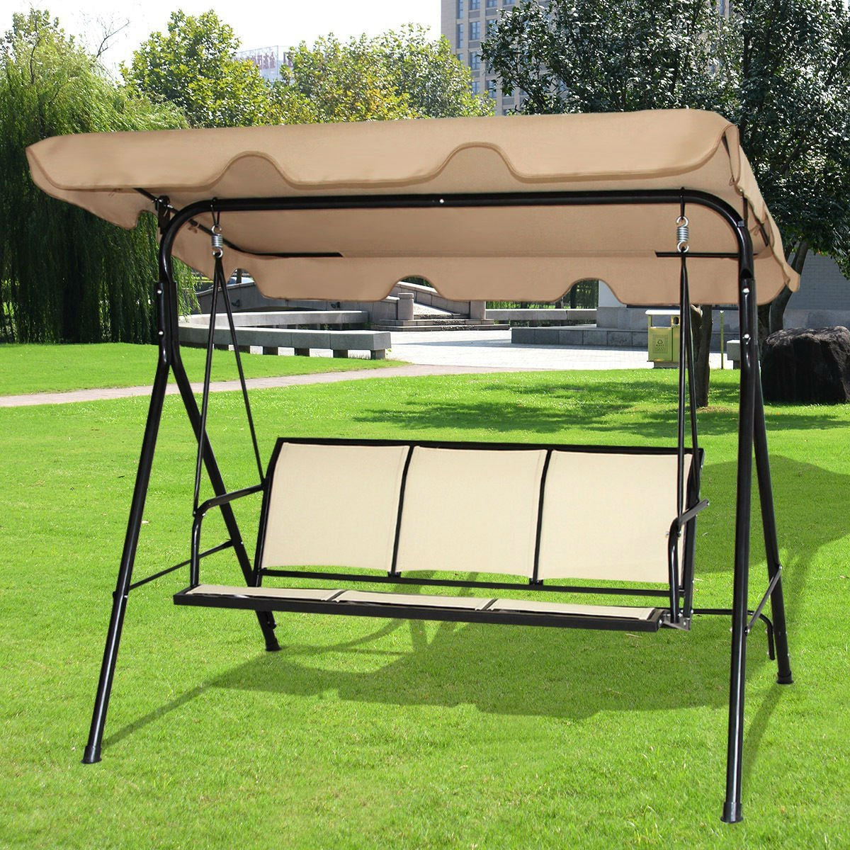 Outdoor Porch Patio 3-Person Canopy Swing in Light Brown *
