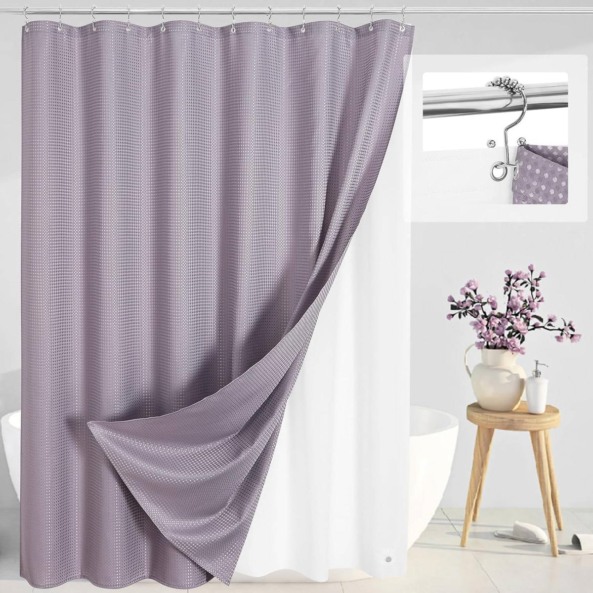 72"W x 72"H Waffle Textured 3 in 1 Shower Curtain Set