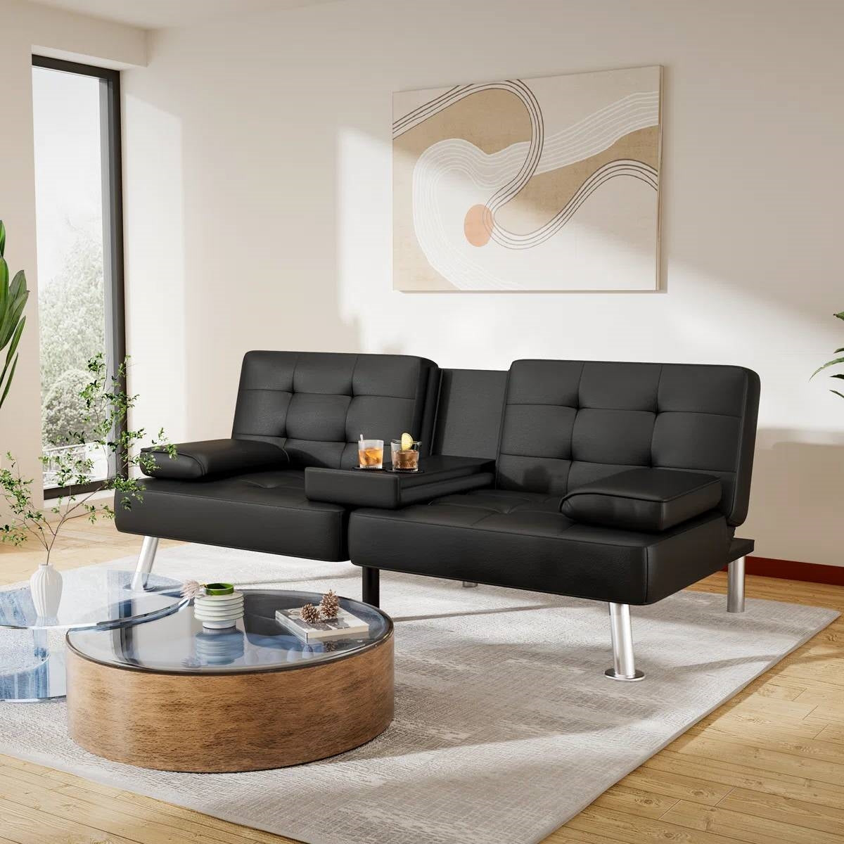 Modern Black Faux Leather Futon Sofa Bed with Armrest and Metal Legs