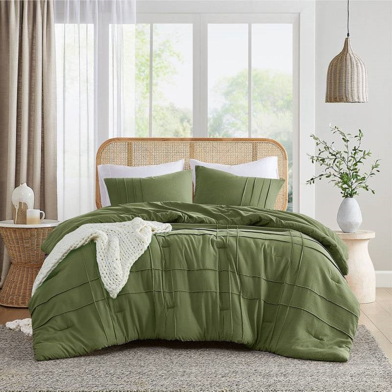 Microfiber Pleated Soft Lightweight Comforter Set in Tan or Green