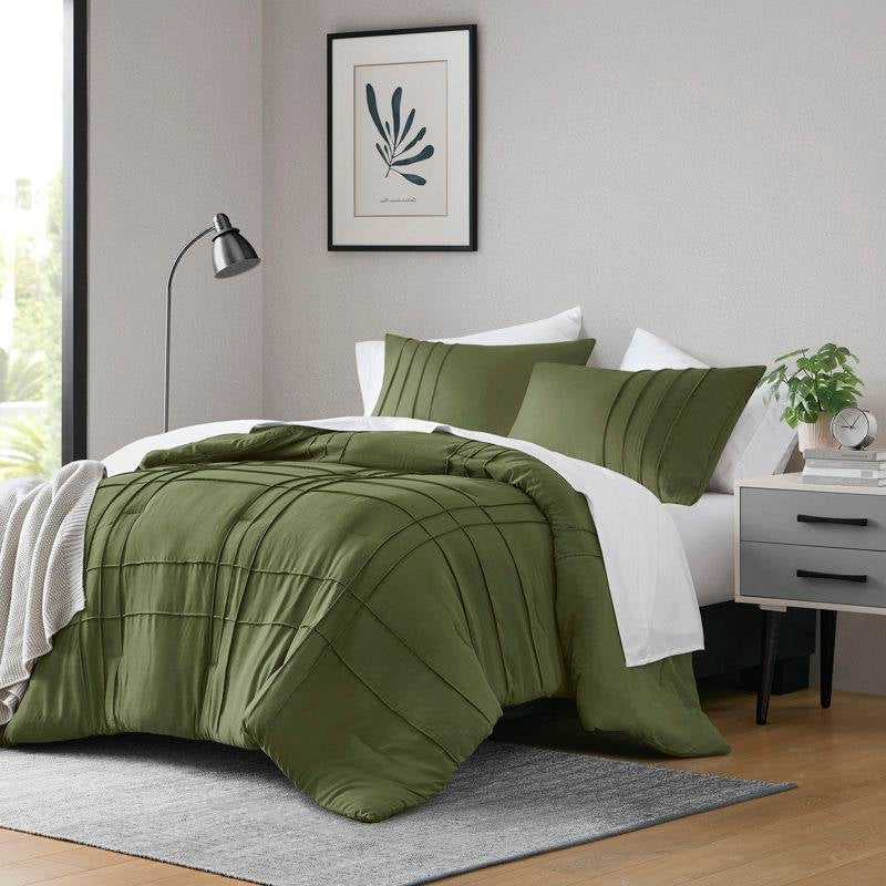 Microfiber Pleated Soft Lightweight Comforter Set in Tan or Green