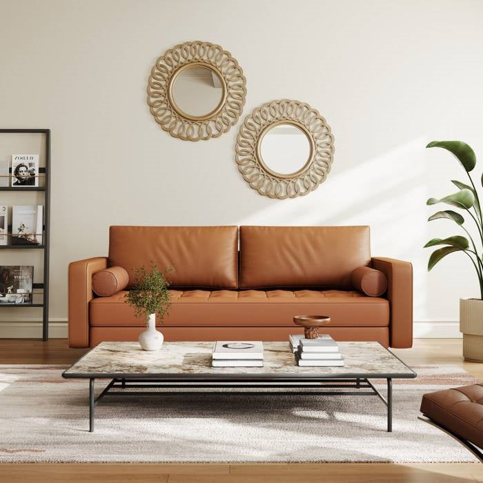 Terracotta Upholstered Faux Leather Sofa w/ Pillows Solid Hardwood Legs