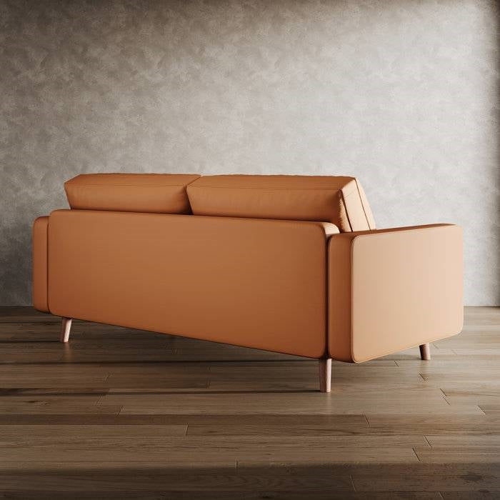 Terracotta Upholstered Faux Leather Sofa w/ Pillows Solid Hardwood Legs
