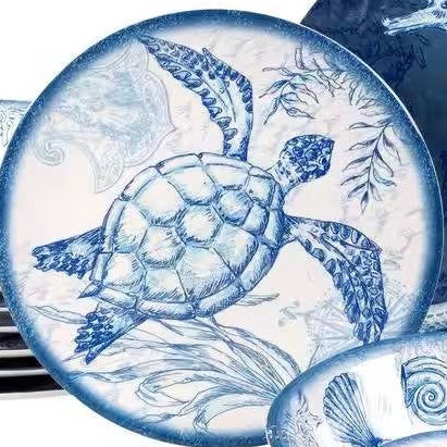12-Piece Sea Shells Ocean Theme Dinnerware Set in Blue and White - Service for 4