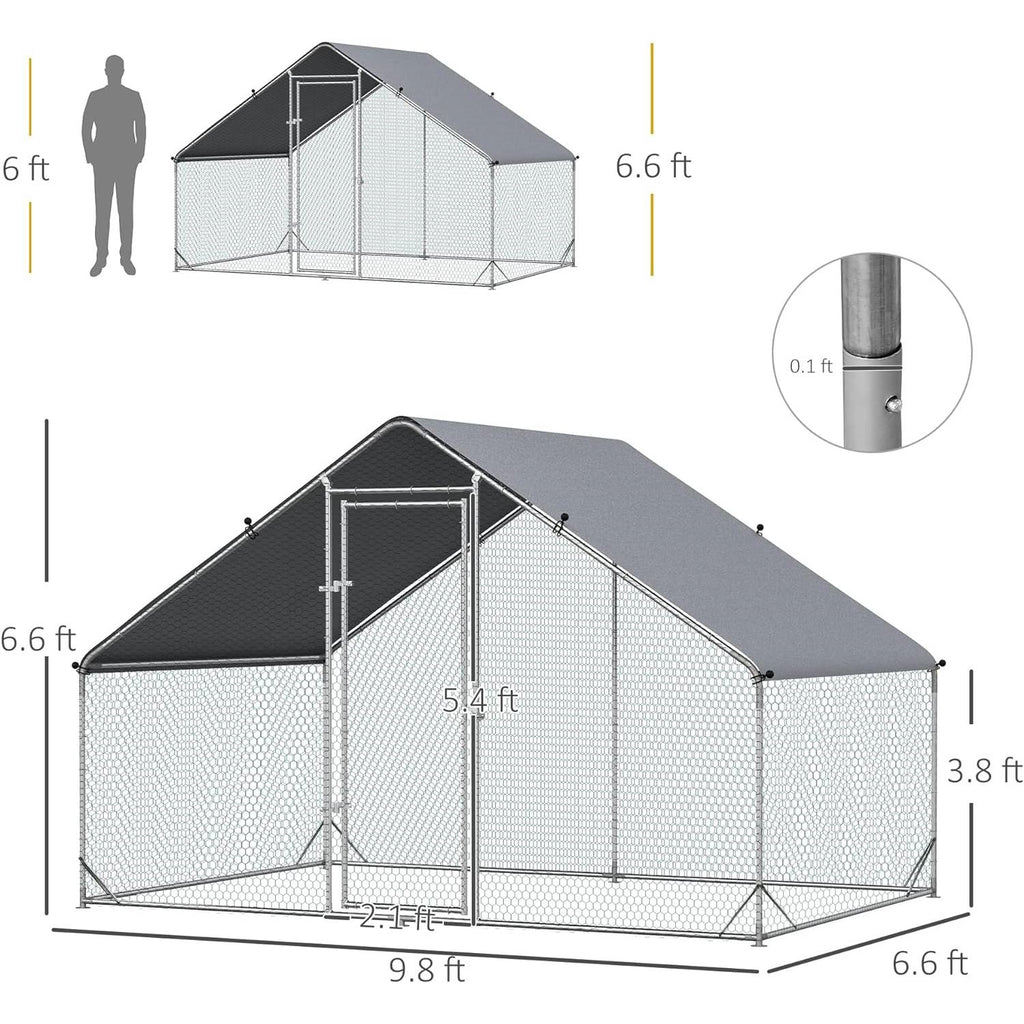9.8 Ft x 6.6 Ft. Outdoor Yard Metal Walk-in Chicken Coop with Waterproof Cover *