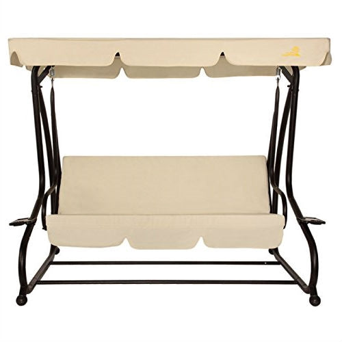 Outdoor 3-Seat Canopy Swing with Beige Cushions for Patio Deck or Porch *