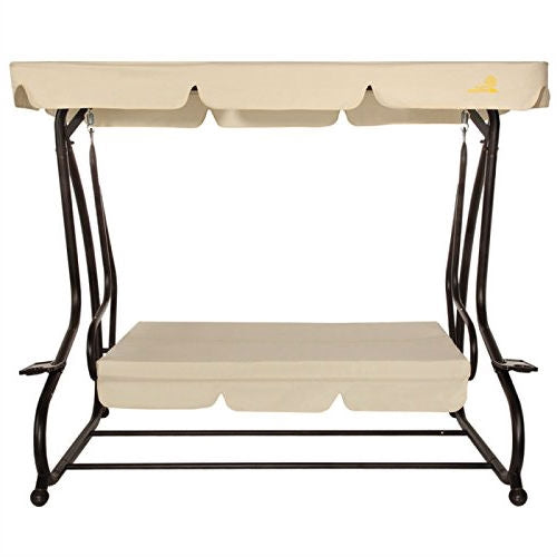 Outdoor 3-Seat Canopy Swing with Beige Cushions for Patio Deck or Porch *