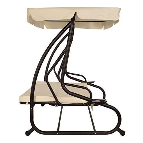 Outdoor 3-Seat Canopy Swing with Beige Cushions for Patio Deck or Porch *