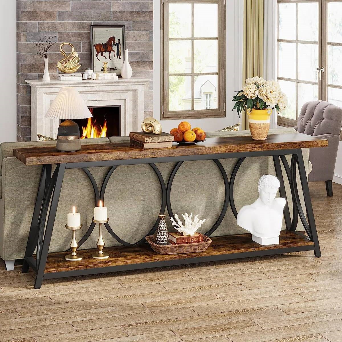 Industrial 70-inch Wood Top Sofa Table with Heavy Duty Metal Frame