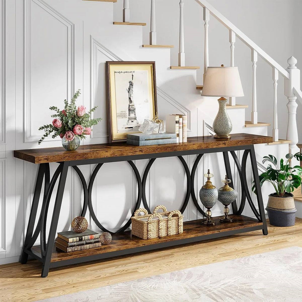 Industrial 70-inch Wood Top Sofa Table with Heavy Duty Metal Frame