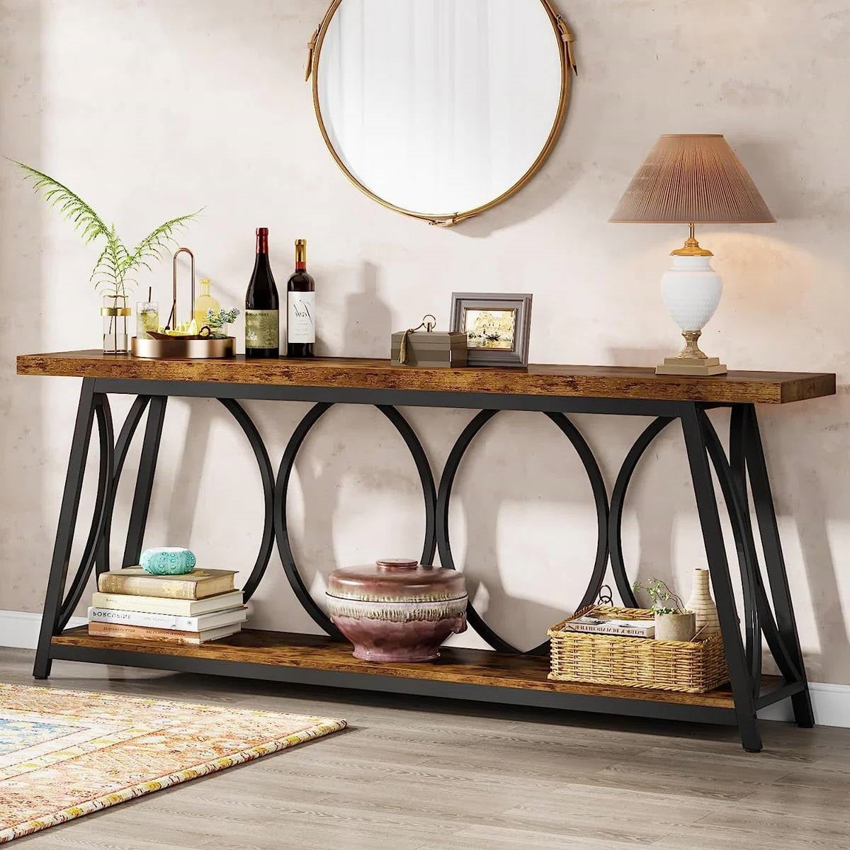 Industrial 70-inch Wood Top Sofa Table with Heavy Duty Metal Frame