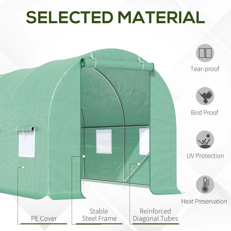 14.5 ft x 6.3 ft Outdoor Greenhouse with Green PE Cover and Sturdy Steel Frame *
