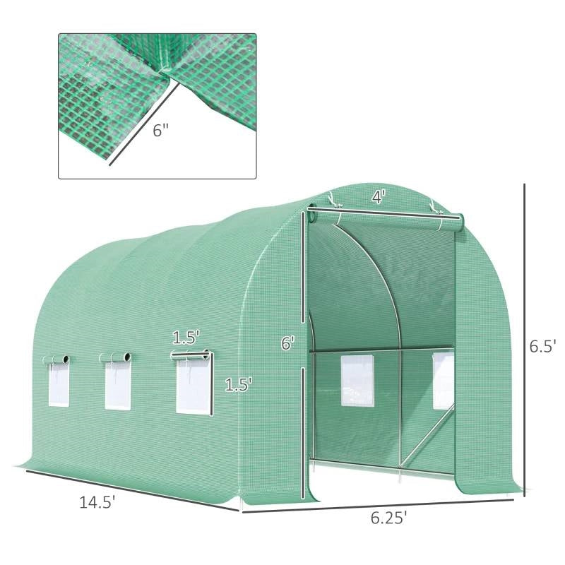 14.5 ft x 6.3 ft Outdoor Greenhouse with Green PE Cover and Sturdy Steel Frame *
