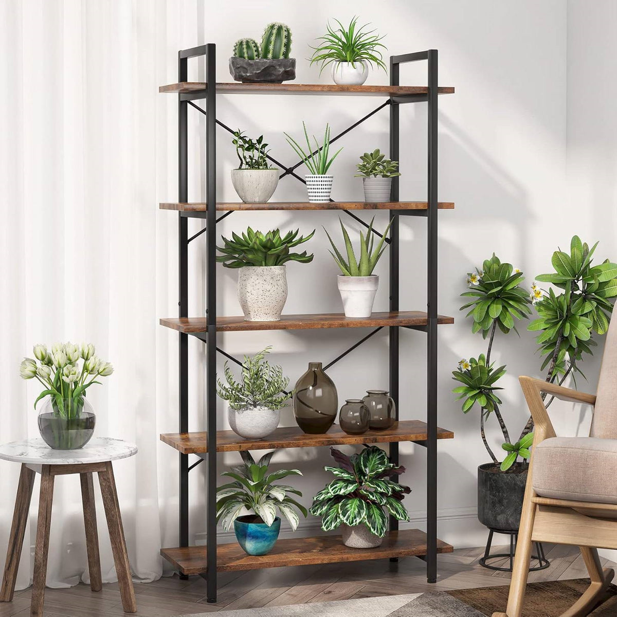 Modern Industrial 5-Shelf Bookcase with Sturdy Metal Frame and Wooden Shelves *