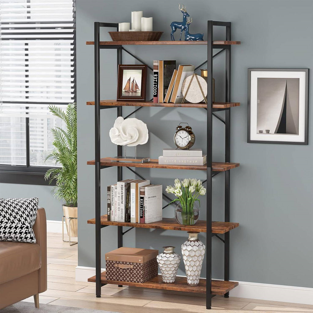 Modern Industrial 5-Shelf Bookcase with Sturdy Metal Frame and Wooden Shelves *