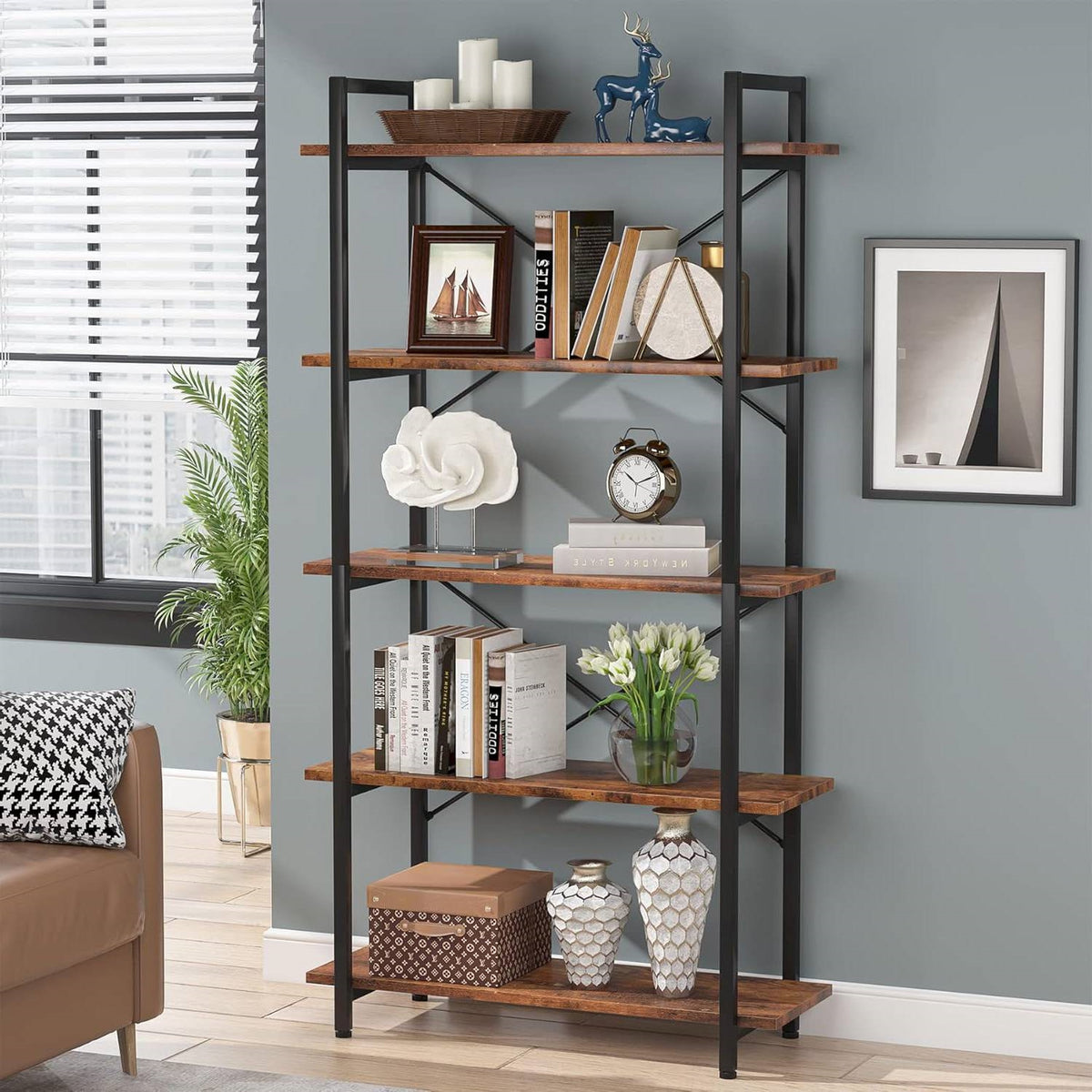 Modern Industrial 5-Shelf Bookcase with Sturdy Metal Frame and Wooden Shelves *