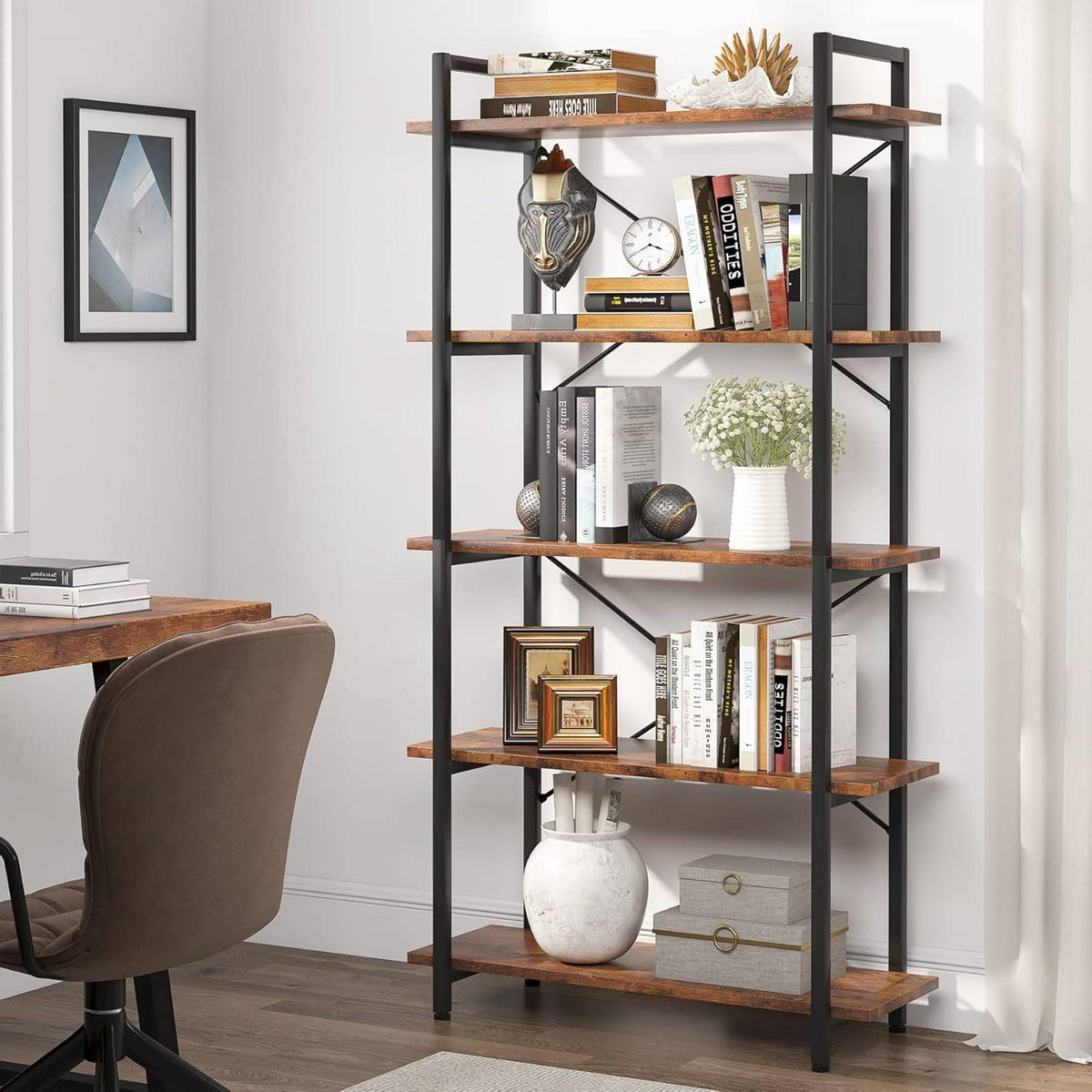 Modern Industrial 5-Shelf Bookcase with Sturdy Metal Frame and Wooden Shelves *