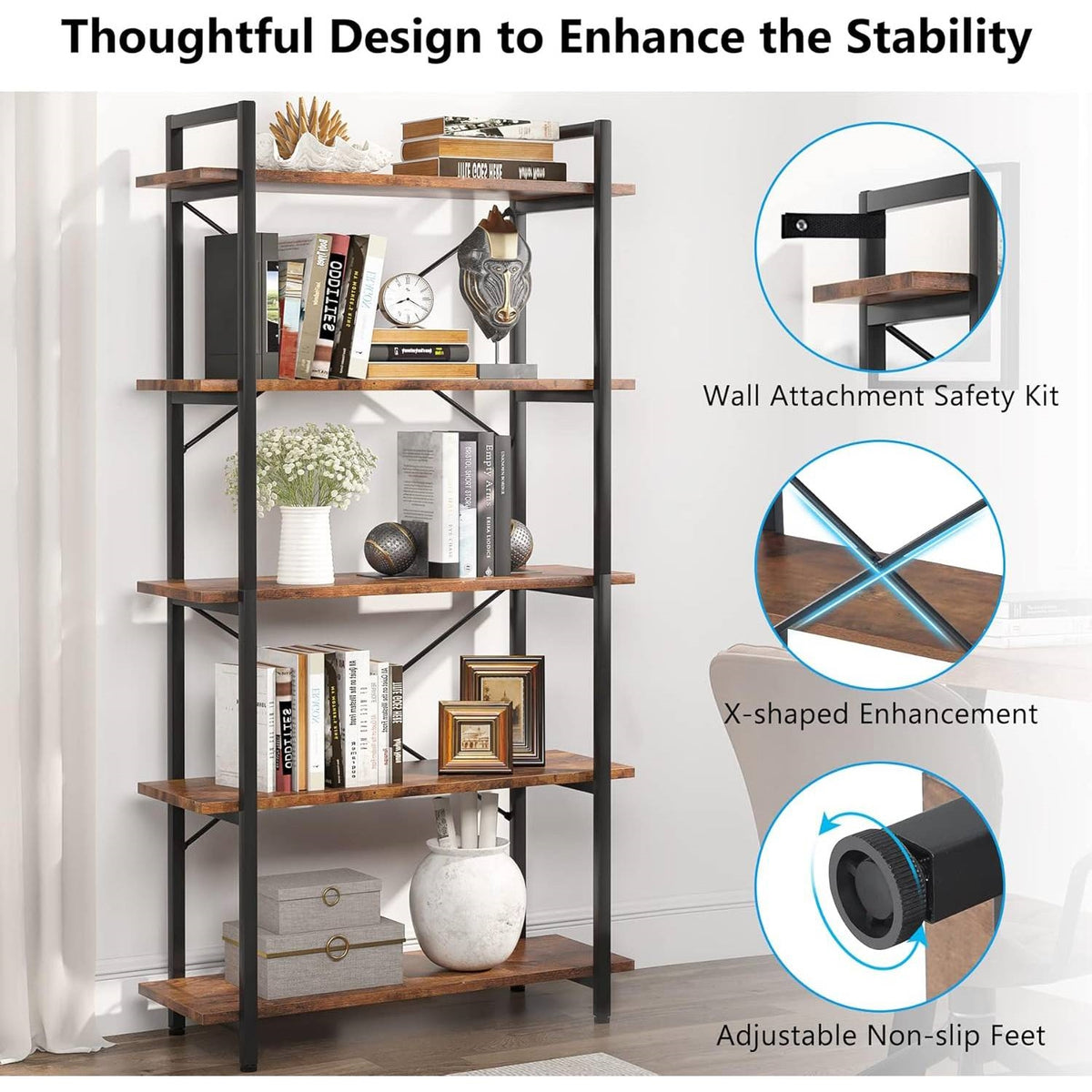 Modern Industrial 5-Shelf Bookcase with Sturdy Metal Frame and Wooden Shelves *