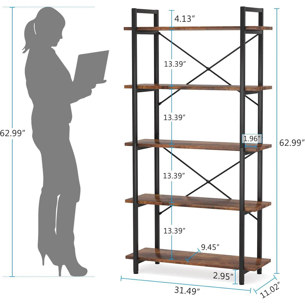 Modern Industrial 5-Shelf Bookcase with Sturdy Metal Frame and Wooden Shelves *