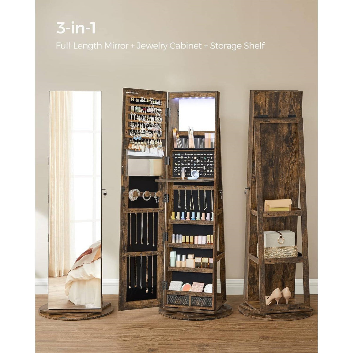 Jewelry Cabinet Armoire Organizer Freestanding Rotating Mirror